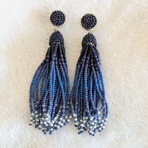 Chico's Blue & White Ombre Seed Bead Tassel Pierced Earrings NWOT